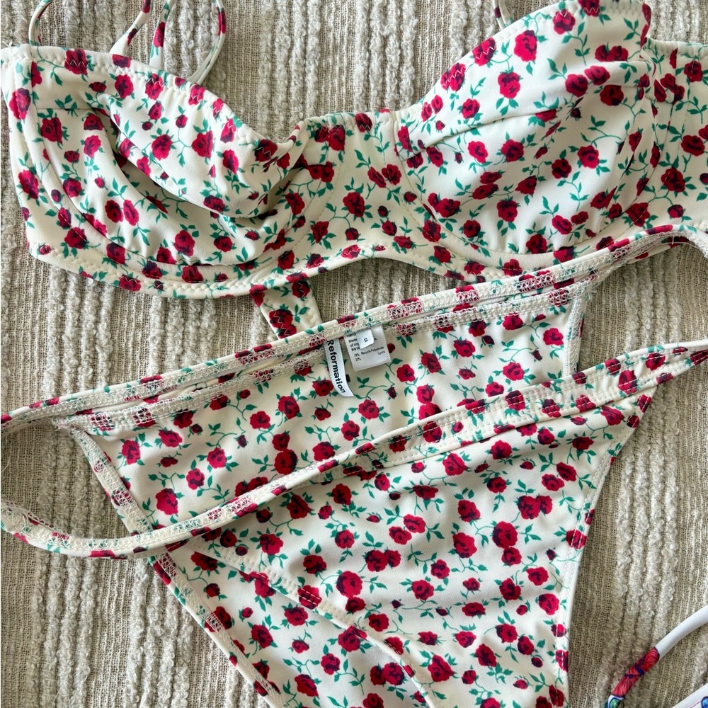 Reformation Floral Underwire Bikini Set White Red Rose M Top S Bottom
